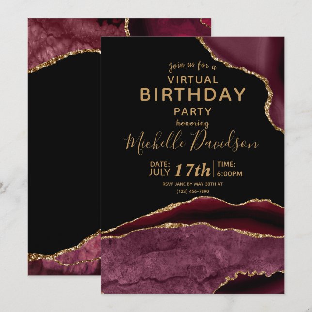Burgund & Gold Agate Virtual Birthday Einladung (Vorne/Hinten)