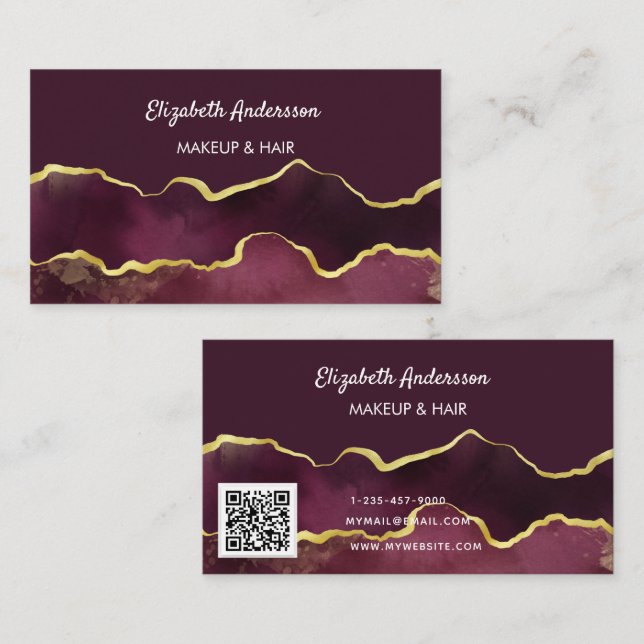 Burgund Gold Age Marmor eleganten modernen QR-Code Visitenkarte (Vorne/Hinten)