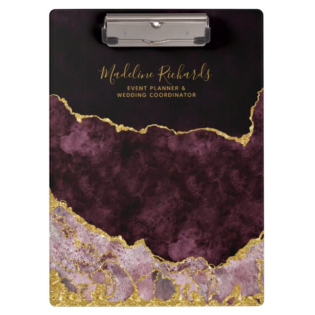 Burgund & Gold Aquarellmarburg Agate Gilded Klemmbrett (Vorderseite)