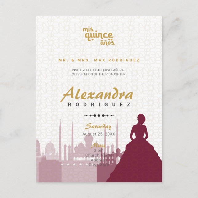 Burgund & Gold Arabian Quinceñera Foto Postkarte (Vorderseite)
