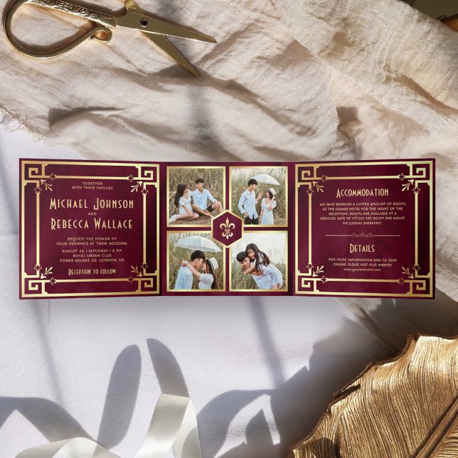Burgund Gold Art Deco FotoCollage Hochzeit Dreifach Gefaltete Einladung (Von Creator hochgeladen)