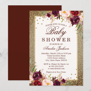 Burgund Gold Blumen Baby Shower Einladung