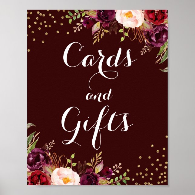 Burgund Gold Blumenkarten und Geschenke Hochzeit Poster (Vorne)