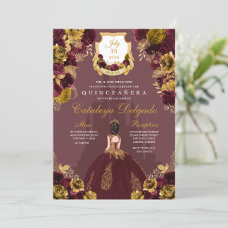 Burgund & Gold Blumenpracht Burg Quinceañera Einladung