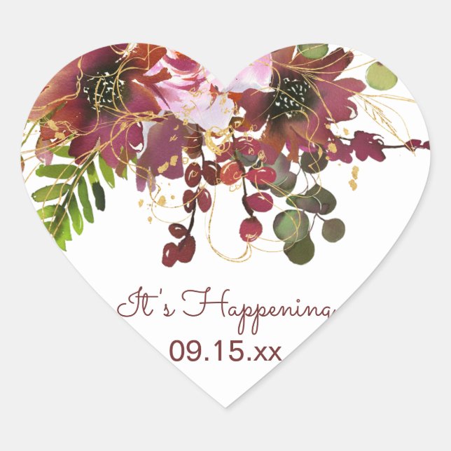 Burgund Gold Blush Pink Bläschen Save the Date Herz-Aufkleber (Vorderseite)