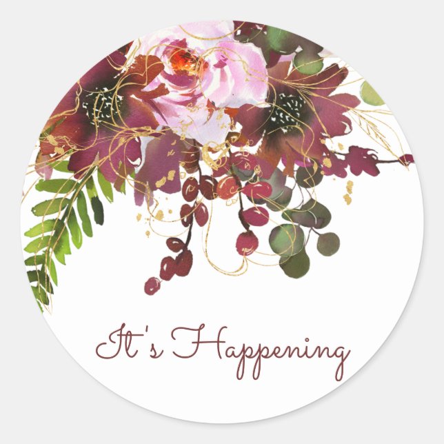 Burgund Gold Blush Pink Bläschen Save the Date Runder Aufkleber (Vorderseite)