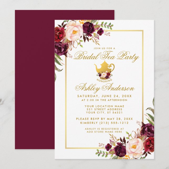 Burgund Gold Brautparty Tee Party Einladung B (Vorne/Hinten)