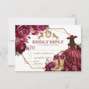 Burgund Gold Charra Pferd Quinceañera RSVP Karte