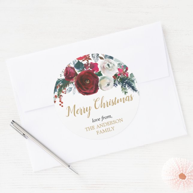 Burgund Gold elegante Weihnachtsblüte Runder Aufkleber (Umschlag)