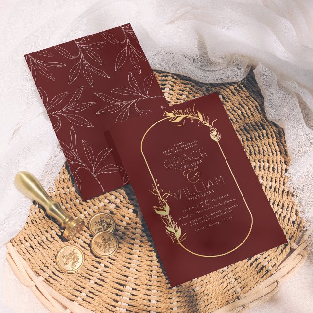 Burgund & Gold Eleganter botanischer Rahmen Hochze Einladung (Von Creator hochgeladen)