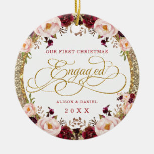 Burgund Gold Erste Weihnachtsfeier Verlobte VorHoc Keramik Ornament