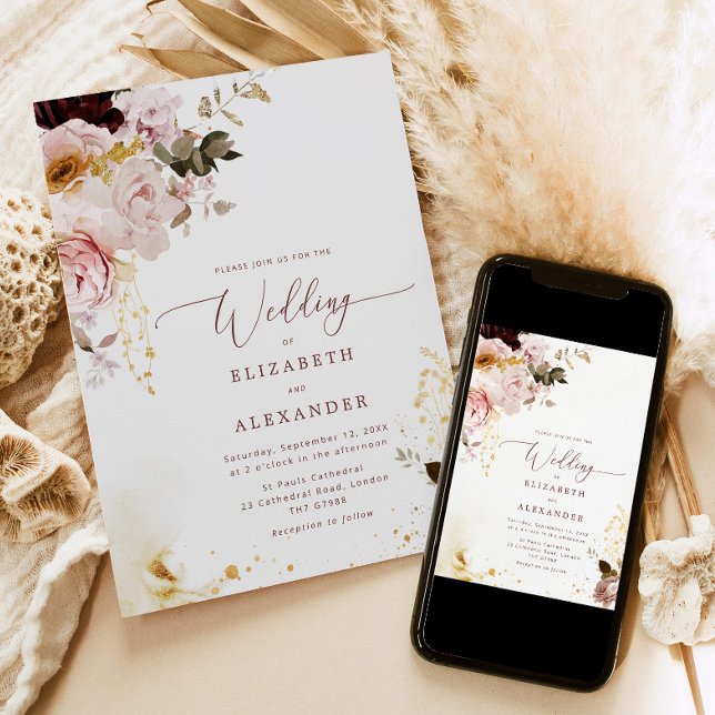Burgund Gold Fall elegante Hochzeitseinladung Einladung (Von Creator hochgeladen)