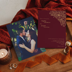Burgund Gold Floral Foto Hochzeit Einladung