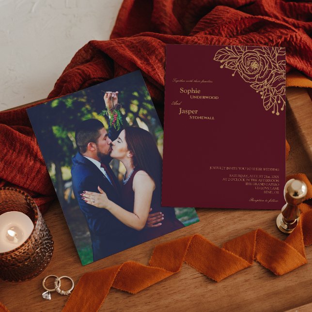 Burgund Gold Floral Foto Hochzeit Einladung (Von Creator hochgeladen)
