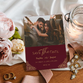 Burgund Gold Floral Foto Save the Date Karte