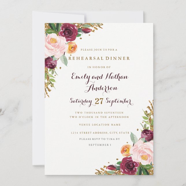 Burgund Gold Floral Glitzer Probe Dinner Card Einladung (Vorderseite)