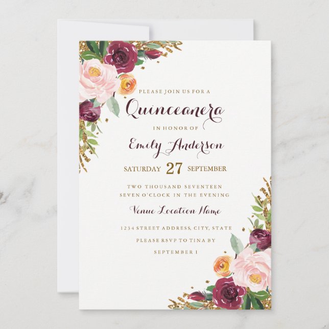 Burgund Gold Floral Glitzer Quinceanera Card Einladung (Vorderseite)