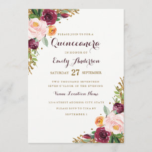 Burgund Gold Floral Glitzer Quinceanera Card Einladung
