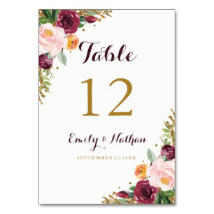 Burgund Gold Floral Glitzer Tischnummer Cards