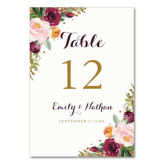 Burgund Gold Floral Glitzer Tischnummer Cards (Vorderseite)