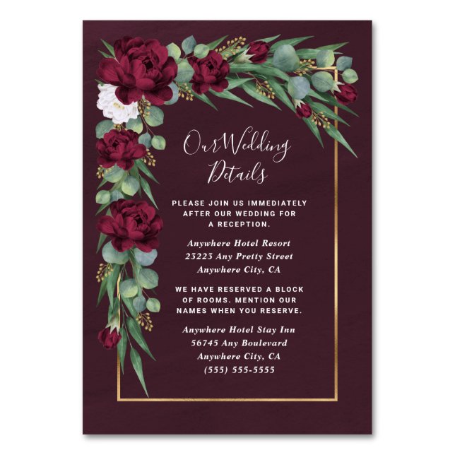Burgund Gold Floral Hochzeit im Herbst Einschließu Tischnummer (Vorderseite)
