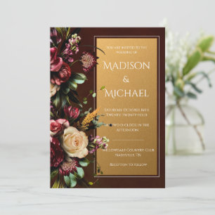 Burgund & Gold Floral Moderne Hochzeit Einladung