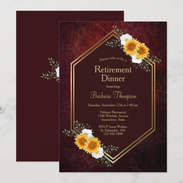 Burgund Gold Floral Pension Dinner Party Einladung (Vorne/Hinten)