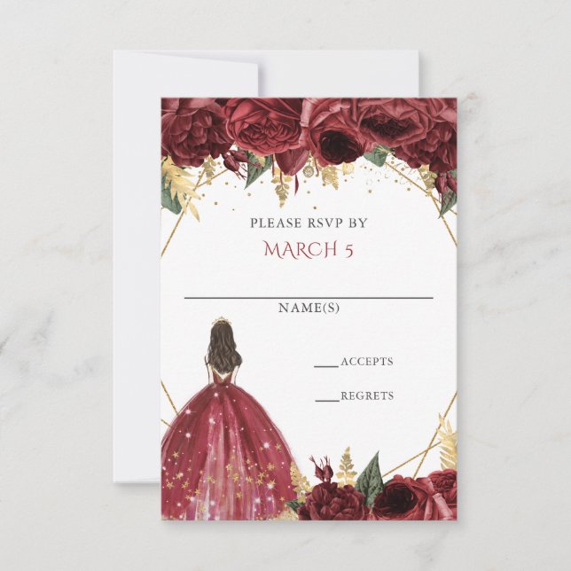 Burgund Gold Floral Prinzessin Quinceanera RSVP Karte (Vorderseite)