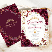 Burgund Gold Floral Quinceanera