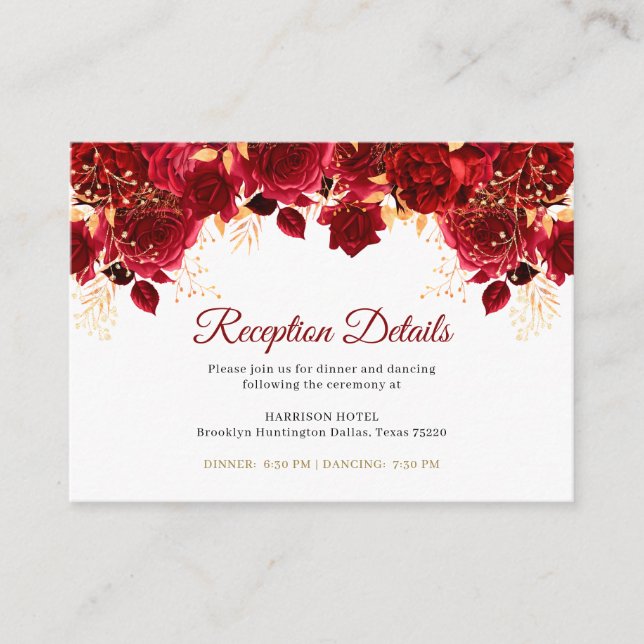 Burgund Gold Floral Quinceñera Empfang Details Begleitkarte (Vorderseite)