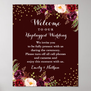 Burgund Gold Floral Unplugged Hochzeitsschild Poster