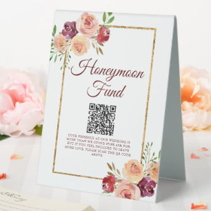 Burgund Gold Florales Hochzeits-Flitterwochen-Spar Tischaufsteller
