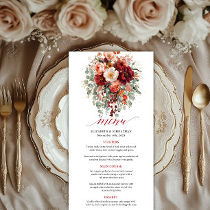 Burgund Gold Florales Hochzeitsmenü in tiefem Rot Menükarte