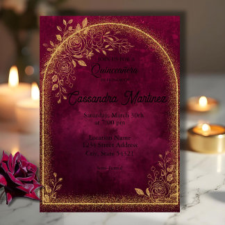 Burgund & Gold Florales Quinceanera-Einladung Einladung