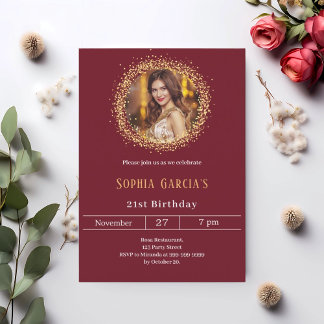 Burgund Gold Foto Glitzer Geburtstag Einladung