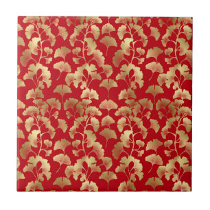 Burgund Gold Ginkgo mit japanischer Eleganz Fliese