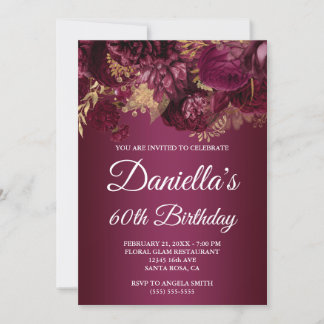 Burgund Gold Glam Floral 60. Geburtstag Einladung