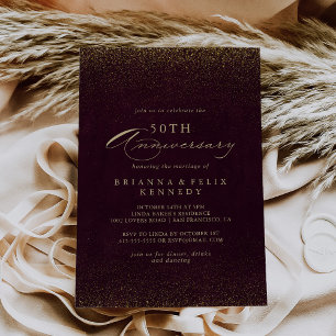 Burgund Gold Glitter 50. Hochzeitstag  Einladung