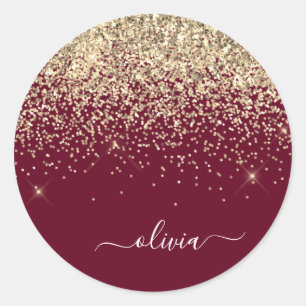 Burgund Gold Glitter Girly Monogramm Glam Runder Aufkleber