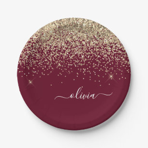 Burgund Gold Glitter Mädchen Monogramm Glam Pappteller