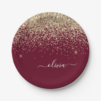 Burgund Gold Glitter Mädchen Monogramm Glam Pappteller