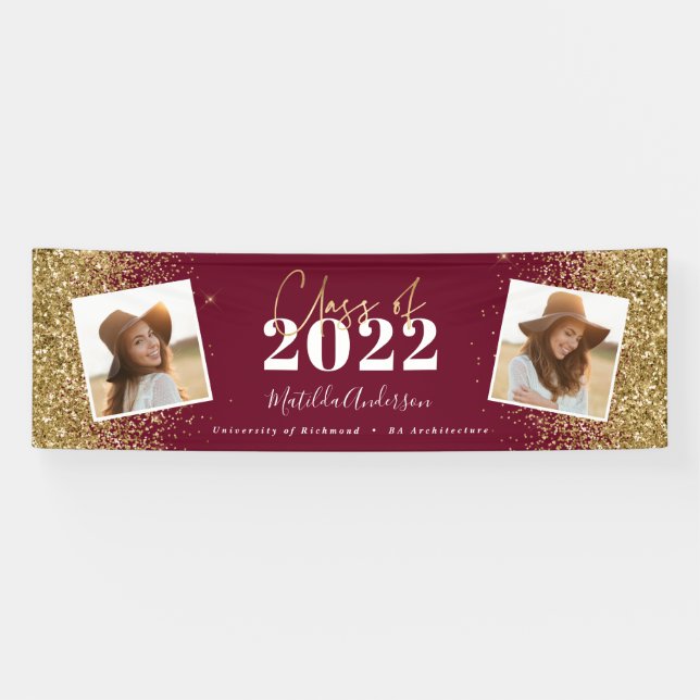 Burgund Gold Glitzer 2 Foto Klasse Abschluss Banner (Horizontal)