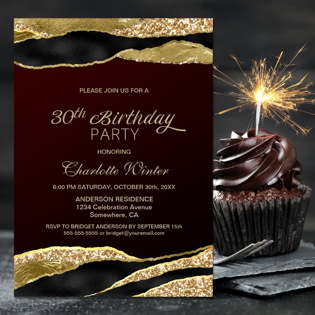 Burgund Gold Glitzer 30. Geburtstag Party Einladung (Von Creator hochgeladen)