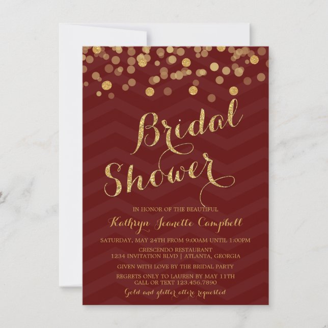 Burgund Gold Glitzer Confetti Brautparty Einladung (Vorderseite)
