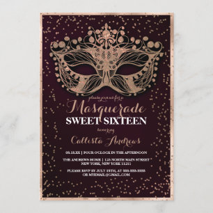 Burgund Gold Glitzer Confetti Masquerade Sweet 16 Einladung