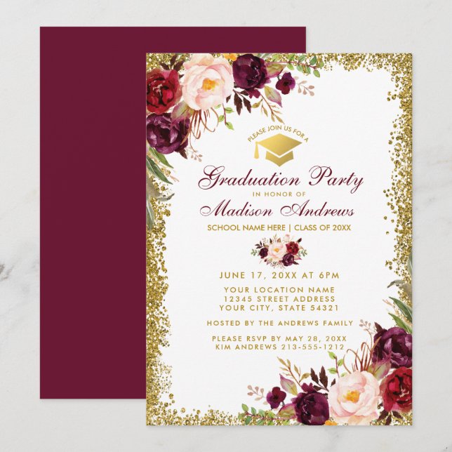 Burgund Gold Glitzer Graduation Party Einladung B (Vorne/Hinten)