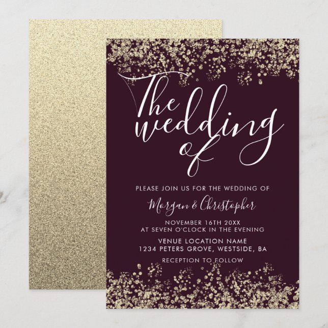 Burgund & Gold Glitzer Moderne Hochzeit Einladung (Vorne/Hinten)