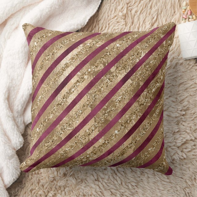 Burgund Gold Glitzer Streifen Kissen (Decke)