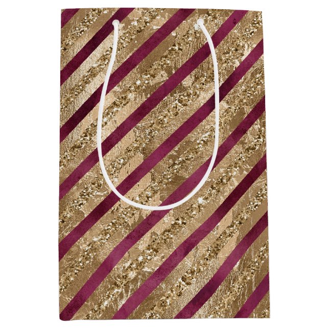 Burgund Gold Glitzer Streifen Mittlere Geschenktüte (Vorderseite)