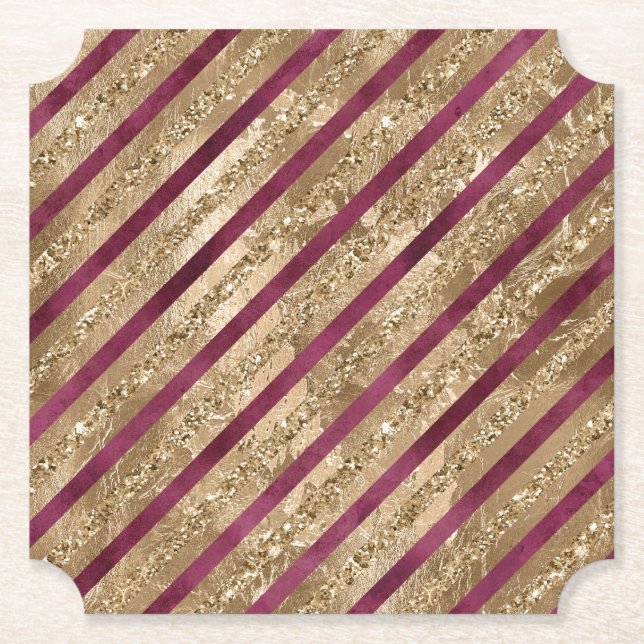 Burgund Gold Glitzer Streifen Untersetzer (Vorderseite)